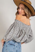 Load image into Gallery viewer, ANIMAL PRINT SMOCKED OFF THE SHOULDER TOP
