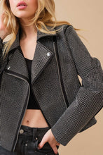 Load image into Gallery viewer, Crystal Studded Stretch Zip Up Moto Jacket
