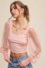 Load image into Gallery viewer, Square Neck Mesh Puff Sleeve Knit Top
