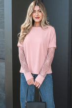 Load image into Gallery viewer, Blush pink women's knit top with floral lace layered sleeves from Foreverly Collection
